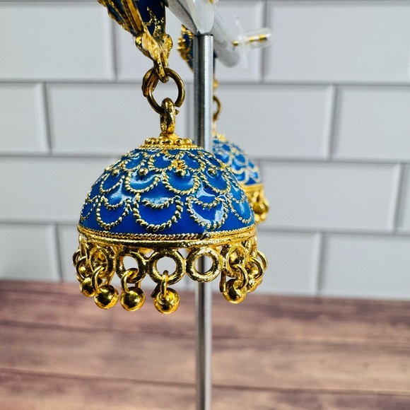 Blue and Gold Tone Jhumka Style Earrings - SKU J - Picture 3 of 3